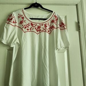 Talbots White Boxy Blouse with Red Embellishments